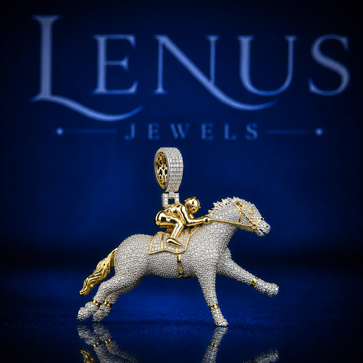 Iced Out Horse Racing Jockey Pendant – VVS Moissanite 925 Sterling Silver Galloping Horse with Gold Rider, Diamond Tester Pass Hip Hop Jewelry