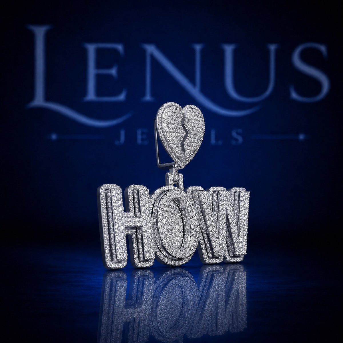 Custom HOW Iced Out Moissanite Pendant – 925 Sterling Silver VVS Block Letter Nameplate with Broken Heart Bail Hip Hop Jewelry