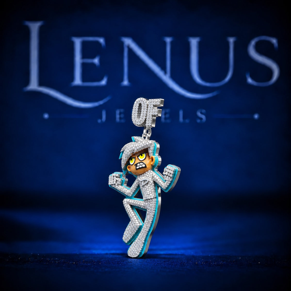 OF Cartoon Boy Iced Out Moissanite Pendant – VVS D Color 925 Sterling Silver Hip Hop Character Charm, Turquoise Enamel Streetwear Jewelry Gift