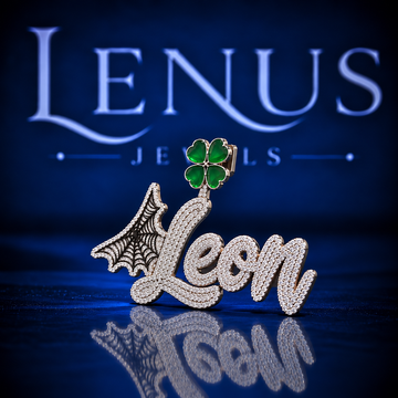 Custom LEON Name Moissanite Pendant – VVS Iced Out Script 925 Sterling Silver Spider Web & Green Clover Hip Hop Pendant