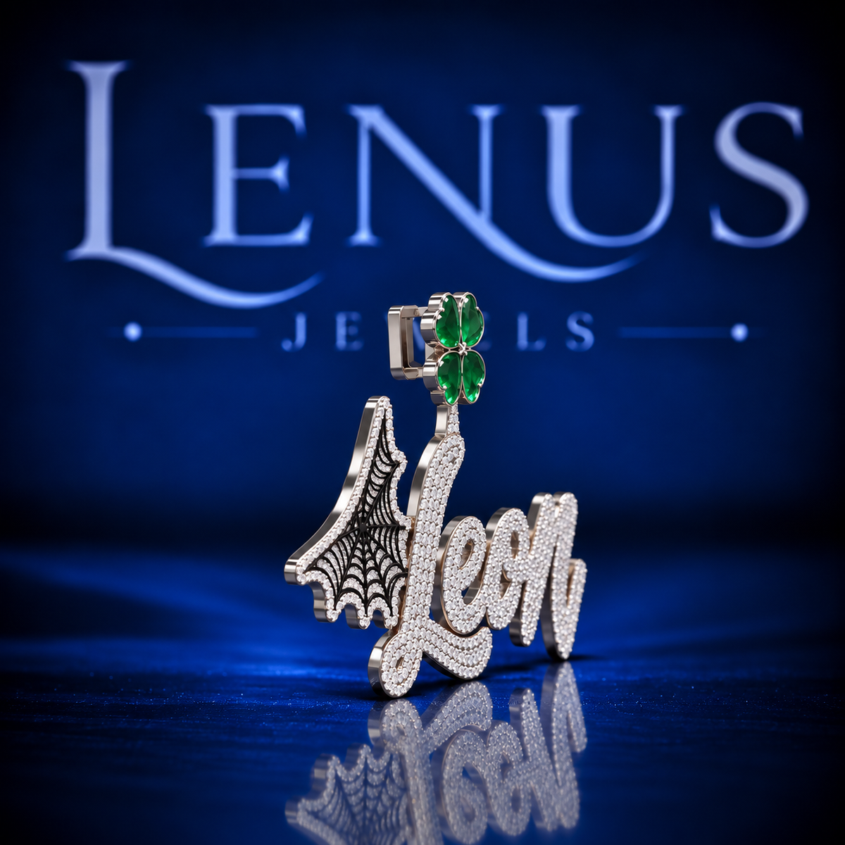 Custom LEON Name Moissanite Pendant – VVS Iced Out Script 925 Sterling Silver Spider Web & Green Clover Hip Hop Pendant