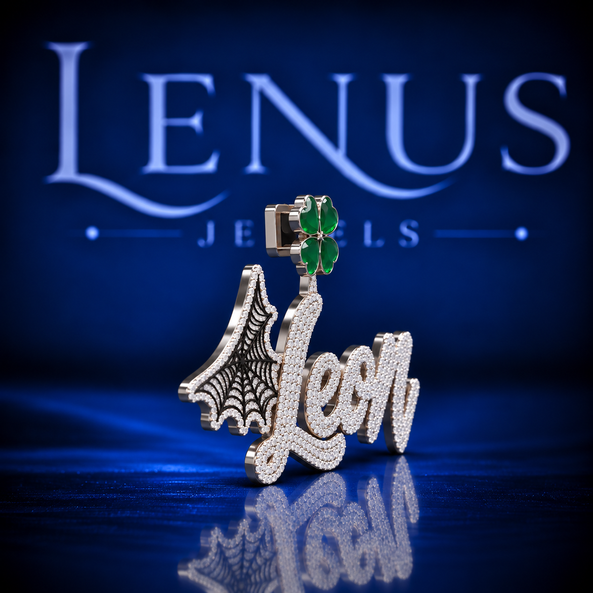 Custom LEON Name Moissanite Pendant – VVS Iced Out Script 925 Sterling Silver Spider Web & Green Clover Hip Hop Pendant