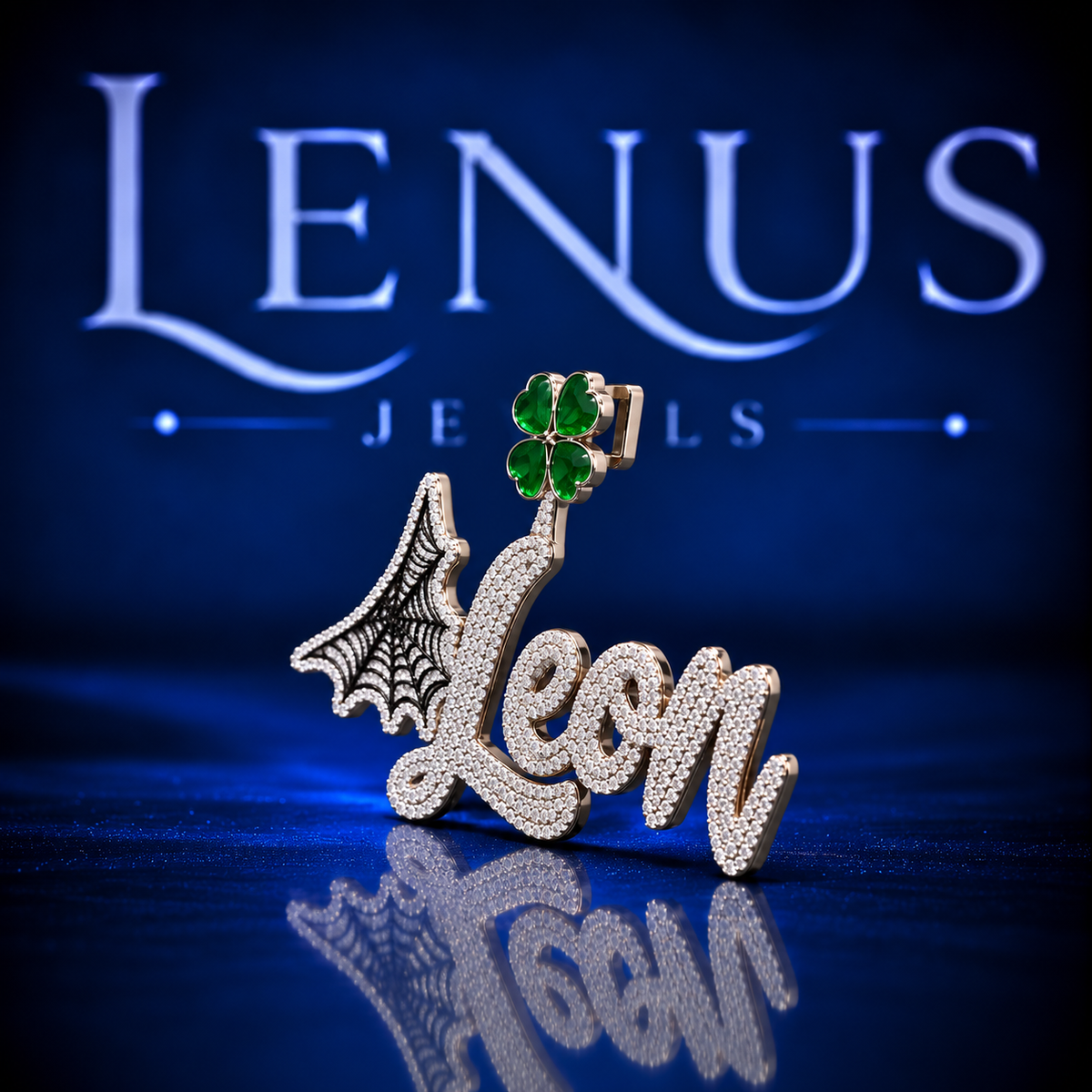 Custom LEON Name Moissanite Pendant – VVS Iced Out Script 925 Sterling Silver Spider Web & Green Clover Hip Hop Pendant