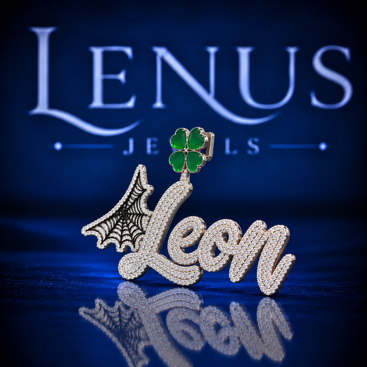 Custom LEON Name Moissanite Pendant – VVS Iced Out Script 925 Sterling Silver Spider Web & Green Clover Hip Hop Pendant