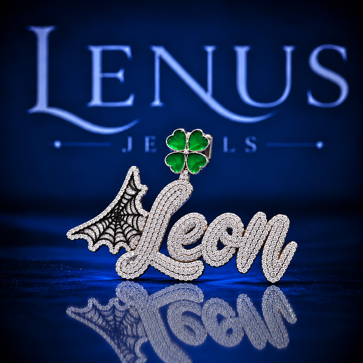Custom LEON Name Moissanite Pendant – VVS Iced Out Script 925 Sterling Silver Spider Web & Green Clover Hip Hop Pendant