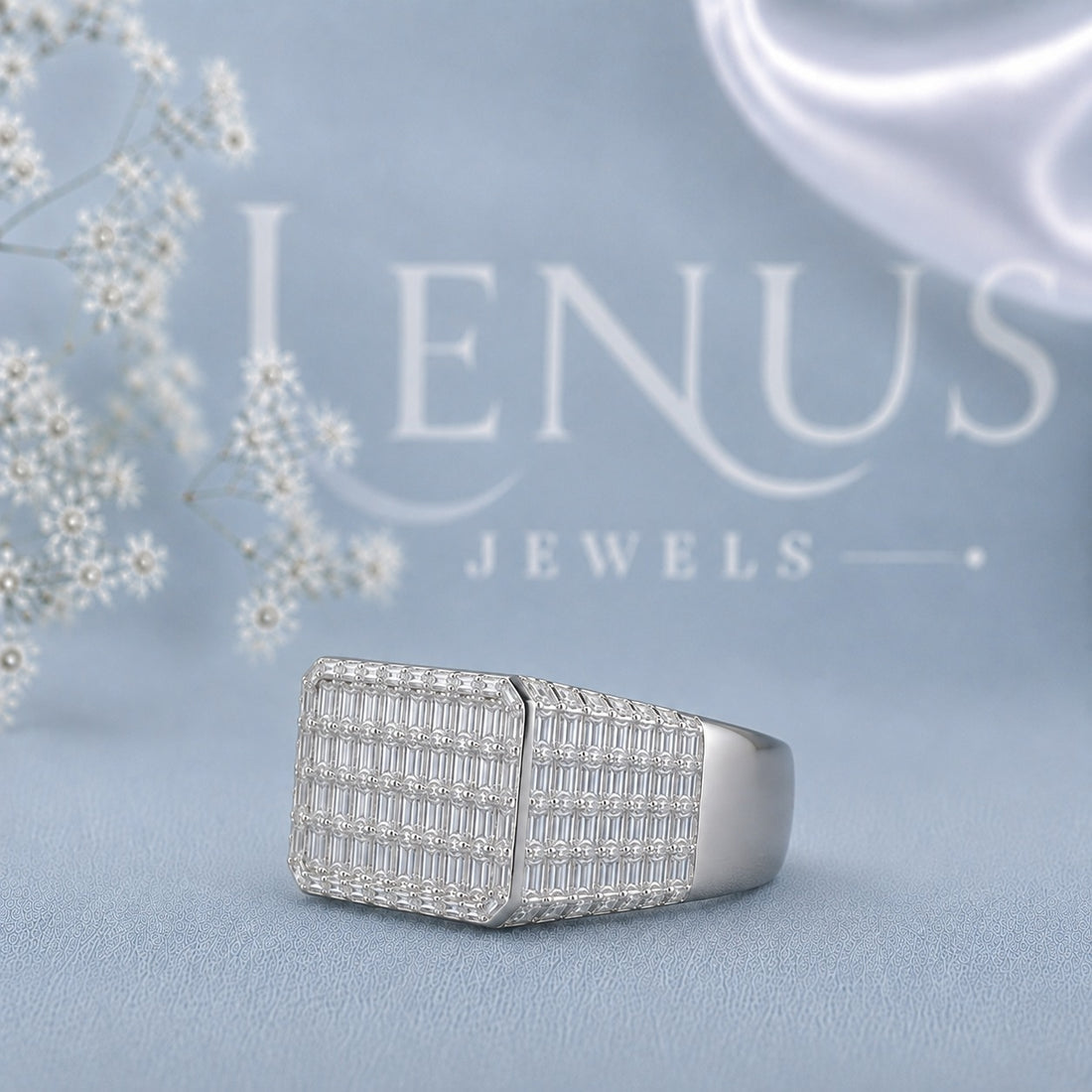 Men’s Iced Out Baguette Moissanite Signet Ring – 925 Sterling Silver Hip Hop Statement Ring