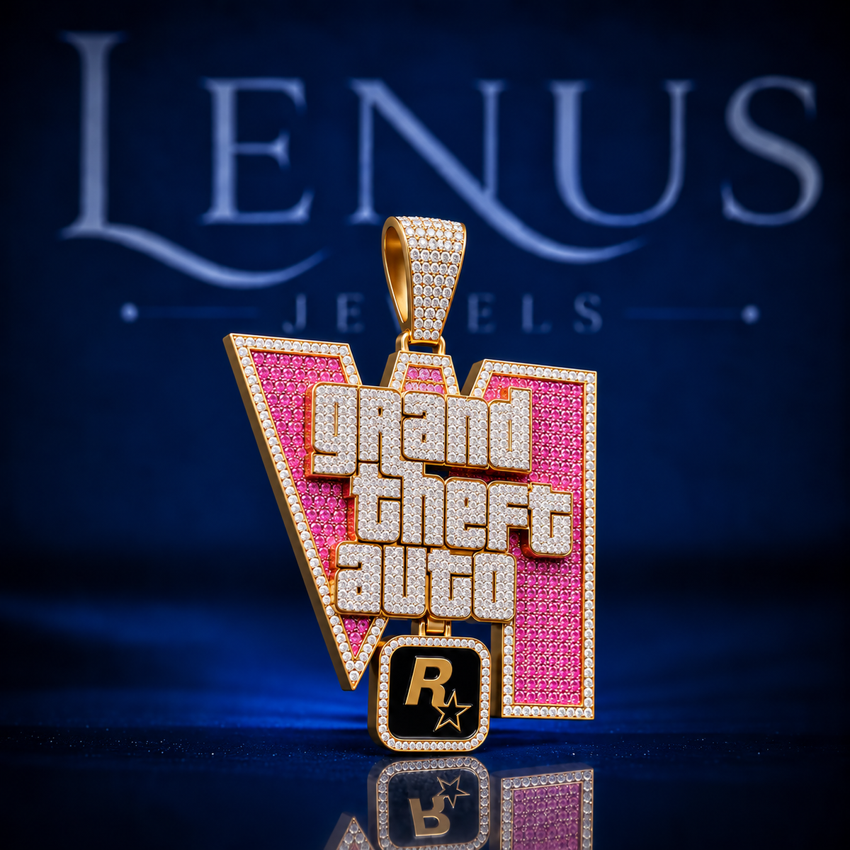 Grand Theft Auto Inspired Moissanite Pendant – VVS 925 Sterling Silver Pink & Gold Iced Out Gaming Hip Hop Statement Pendant