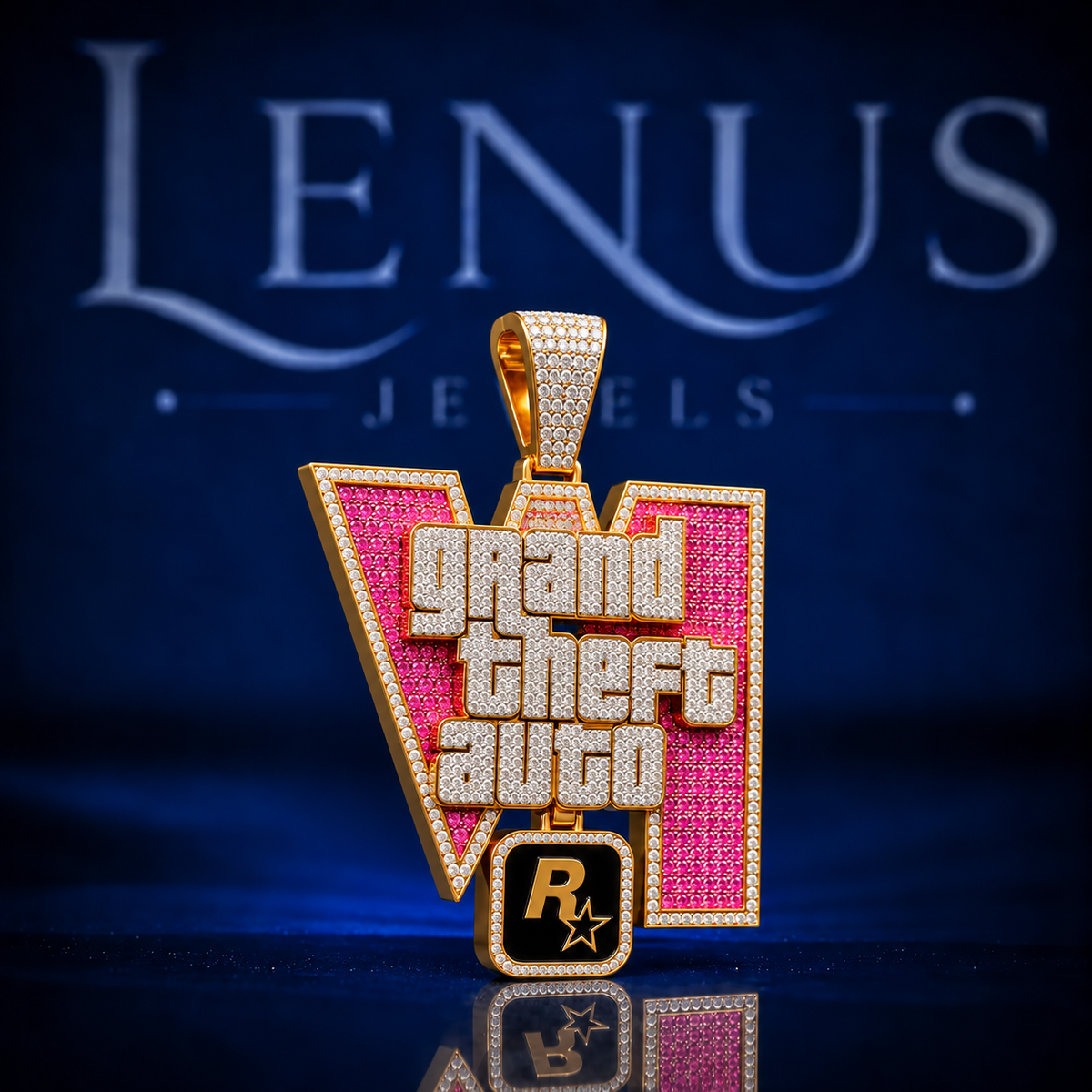 Grand Theft Auto Inspired Moissanite Pendant – VVS 925 Sterling Silver Pink & Gold Iced Out Gaming Hip Hop Statement Pendant