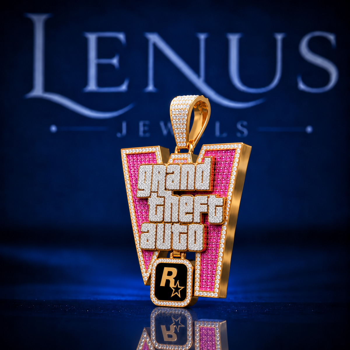 Grand Theft Auto Inspired Moissanite Pendant – VVS 925 Sterling Silver Pink & Gold Iced Out Gaming Hip Hop Statement Pendant