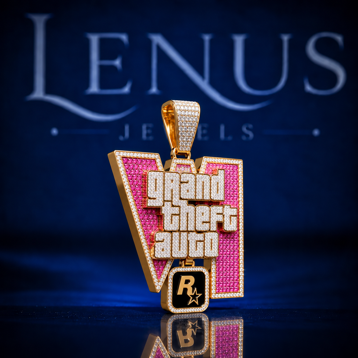 Grand Theft Auto Inspired Moissanite Pendant – VVS 925 Sterling Silver Pink & Gold Iced Out Gaming Hip Hop Statement Pendant