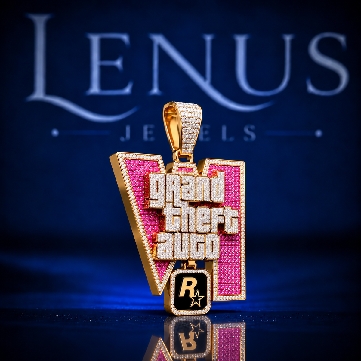 Grand Theft Auto Inspired Moissanite Pendant – VVS 925 Sterling Silver Pink & Gold Iced Out Gaming Hip Hop Statement Pendant