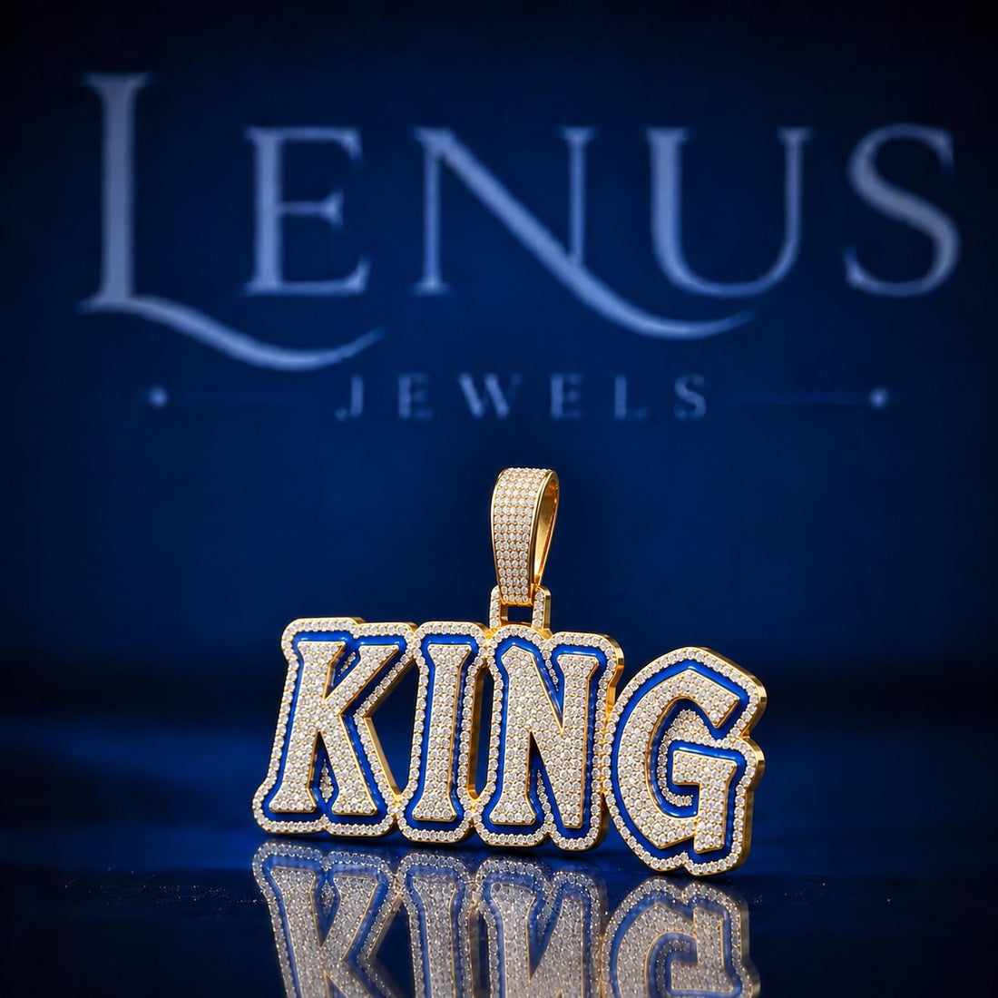 Custom KING Name Pendant – VVS Moissanite Iced Out 925 Sterling Silver Personalized Hip Hop Pendant, Blue Enamel Gold Finish Jewelry