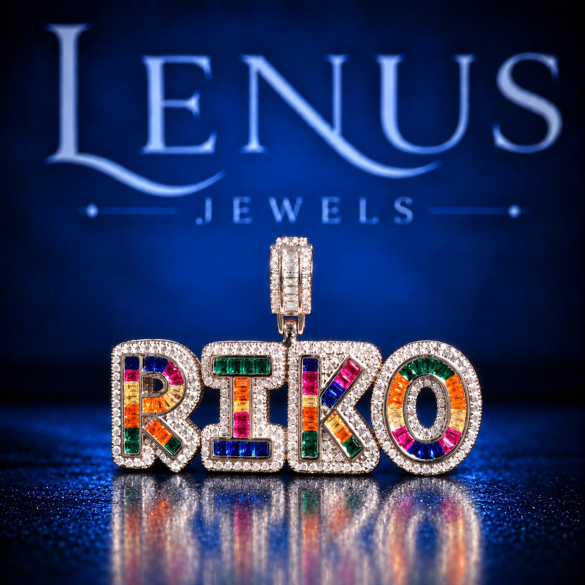 Custom RIKO Rainbow Iced Out Moissanite Name Pendant – VVS D Color 925 Sterling Silver, Multicolor Baguette Stone Hip Hop Jewelry