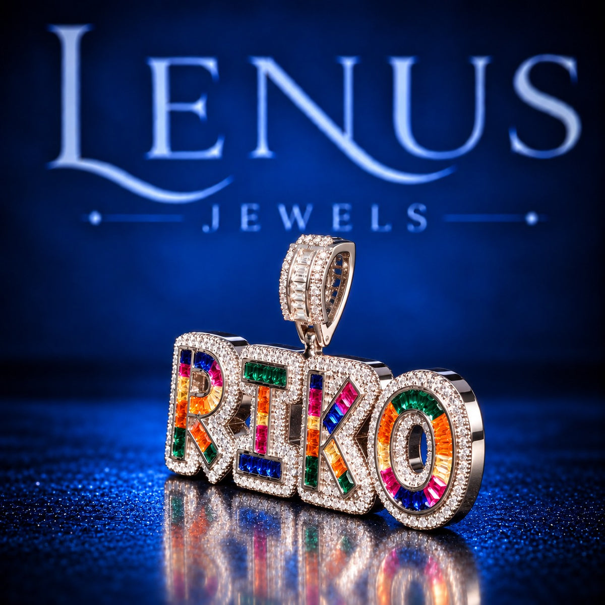 Custom RIKO Rainbow Iced Out Moissanite Name Pendant – VVS D Color 925 Sterling Silver, Multicolor Baguette Stone Hip Hop Jewelry