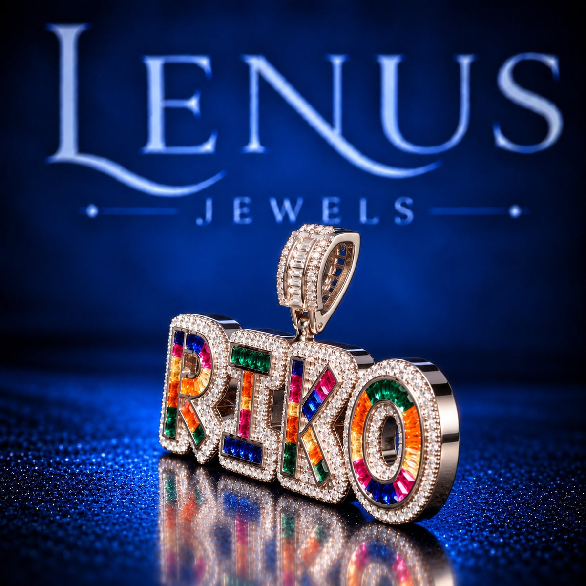 Custom RIKO Rainbow Iced Out Moissanite Name Pendant – VVS D Color 925 Sterling Silver, Multicolor Baguette Stone Hip Hop Jewelry