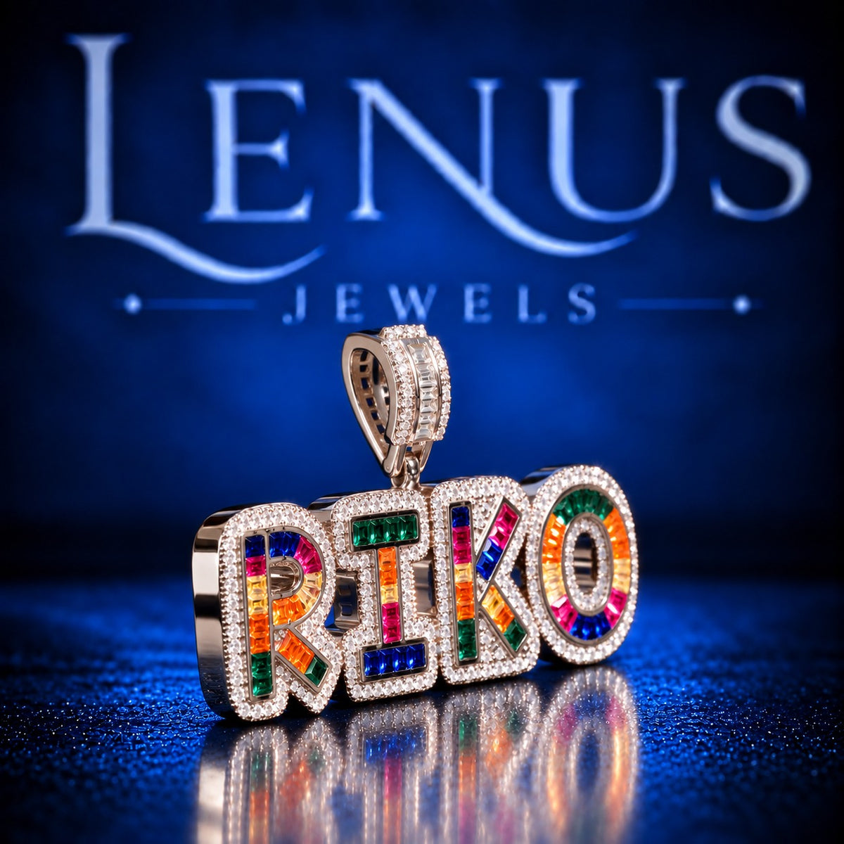 Custom RIKO Rainbow Iced Out Moissanite Name Pendant – VVS D Color 925 Sterling Silver, Multicolor Baguette Stone Hip Hop Jewelry