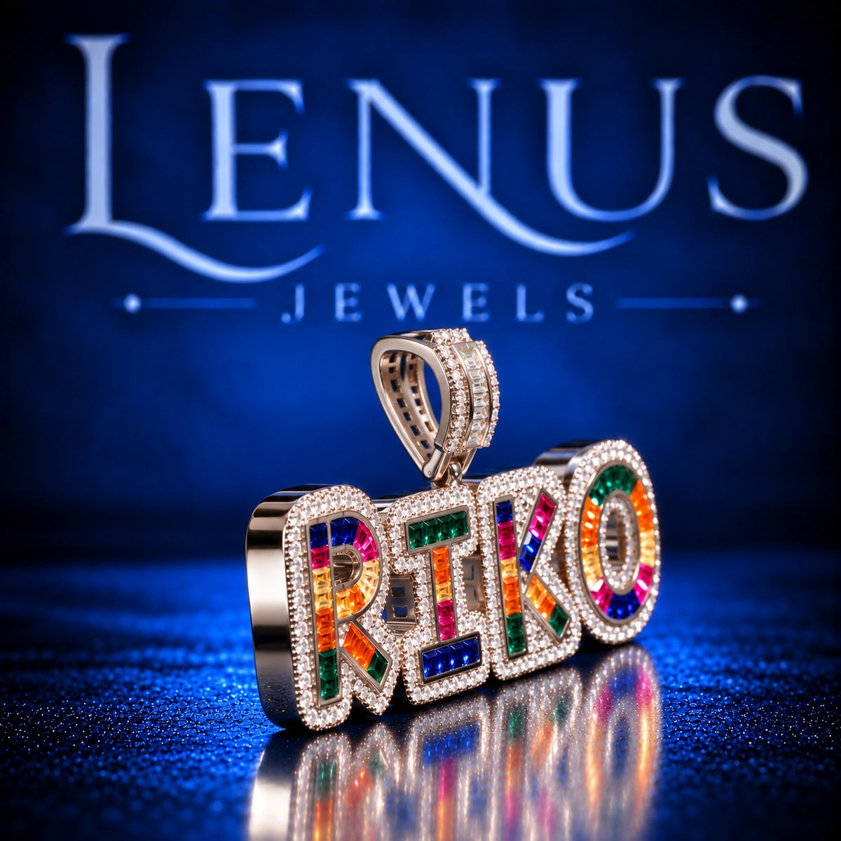 Custom RIKO Rainbow Iced Out Moissanite Name Pendant – VVS D Color 925 Sterling Silver, Multicolor Baguette Stone Hip Hop Jewelry