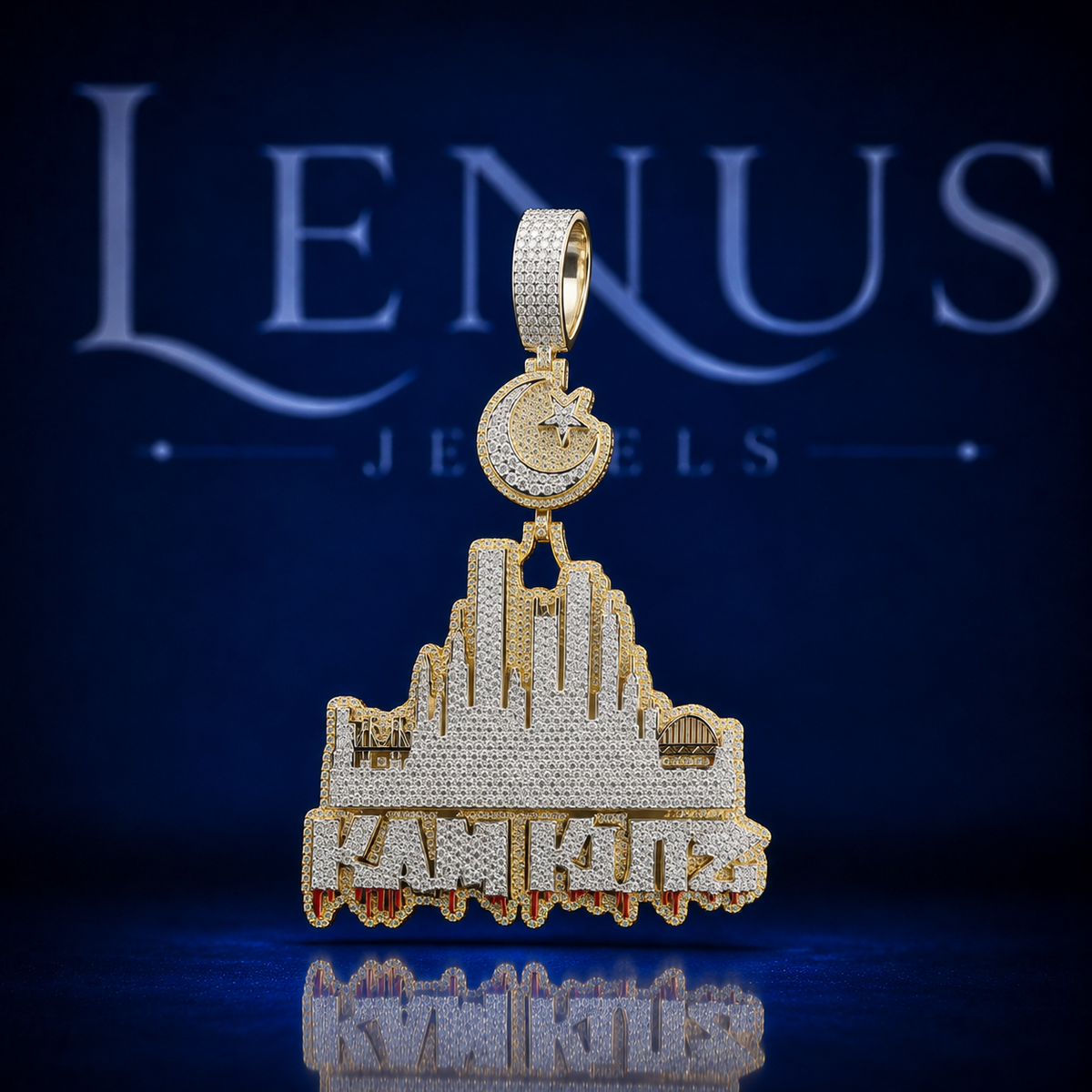 Custom City Skyline Pendant – Iced Out VVS Moissanite 925 Sterling Silver Gold Finish Crescent Moon Star Bail Hip Hop Jewelry