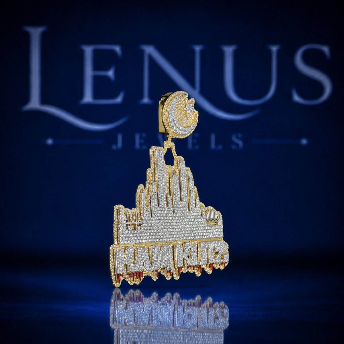Custom City Skyline Pendant – Iced Out VVS Moissanite 925 Sterling Silver Gold Finish Crescent Moon Star Bail Hip Hop Jewelry