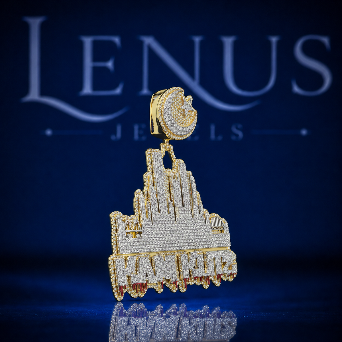 Custom City Skyline Pendant – Iced Out VVS Moissanite 925 Sterling Silver Gold Finish Crescent Moon Star Bail Hip Hop Jewelry