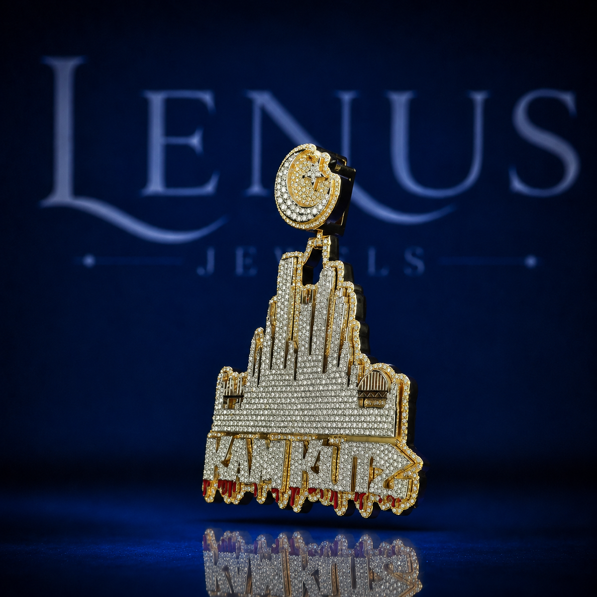 Custom City Skyline Pendant – Iced Out VVS Moissanite 925 Sterling Silver Gold Finish Crescent Moon Star Bail Hip Hop Jewelry