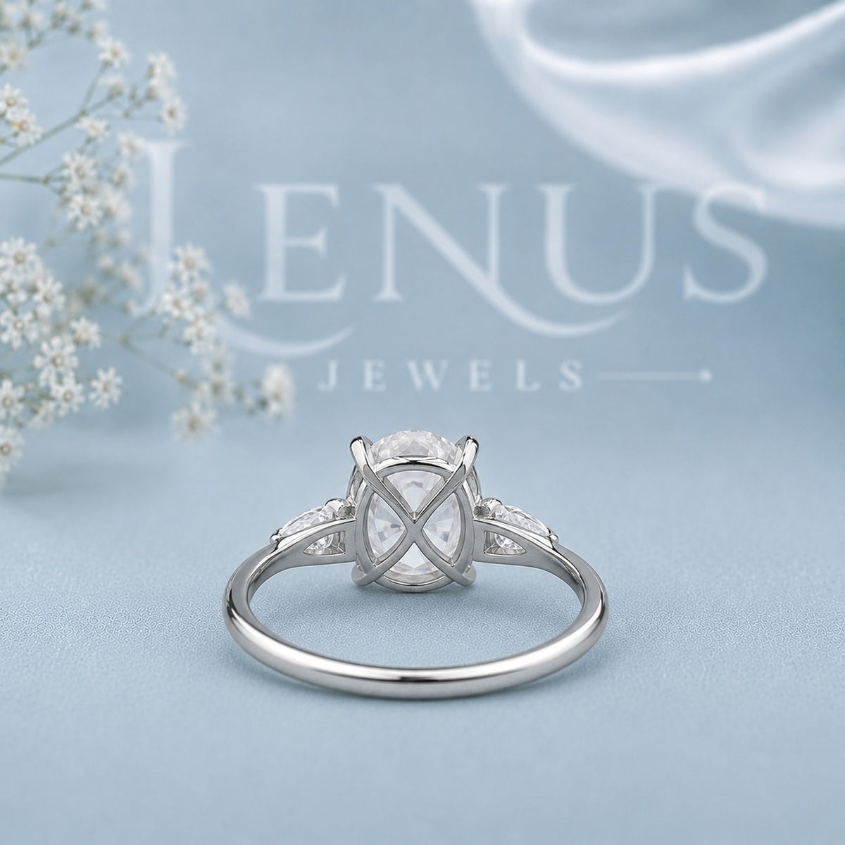 Oval Three-Stone Moissanite Engagement Ring – Pear Side Stones 925 Silver