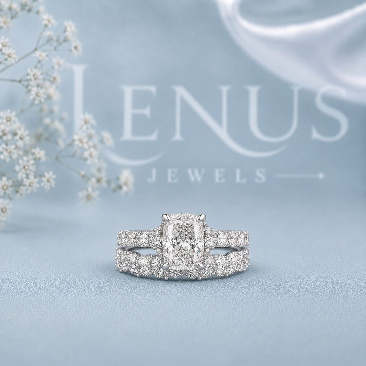 Cushion Halo Moissanite Bridal Set – Matching Pavé Wedding Band