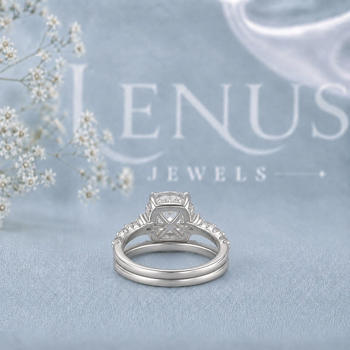 Cushion Halo Moissanite Bridal Set – Matching Pavé Wedding Band