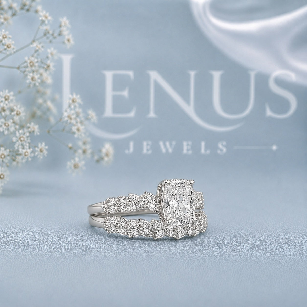 Cushion Halo Moissanite Bridal Set – Matching Pavé Wedding Band