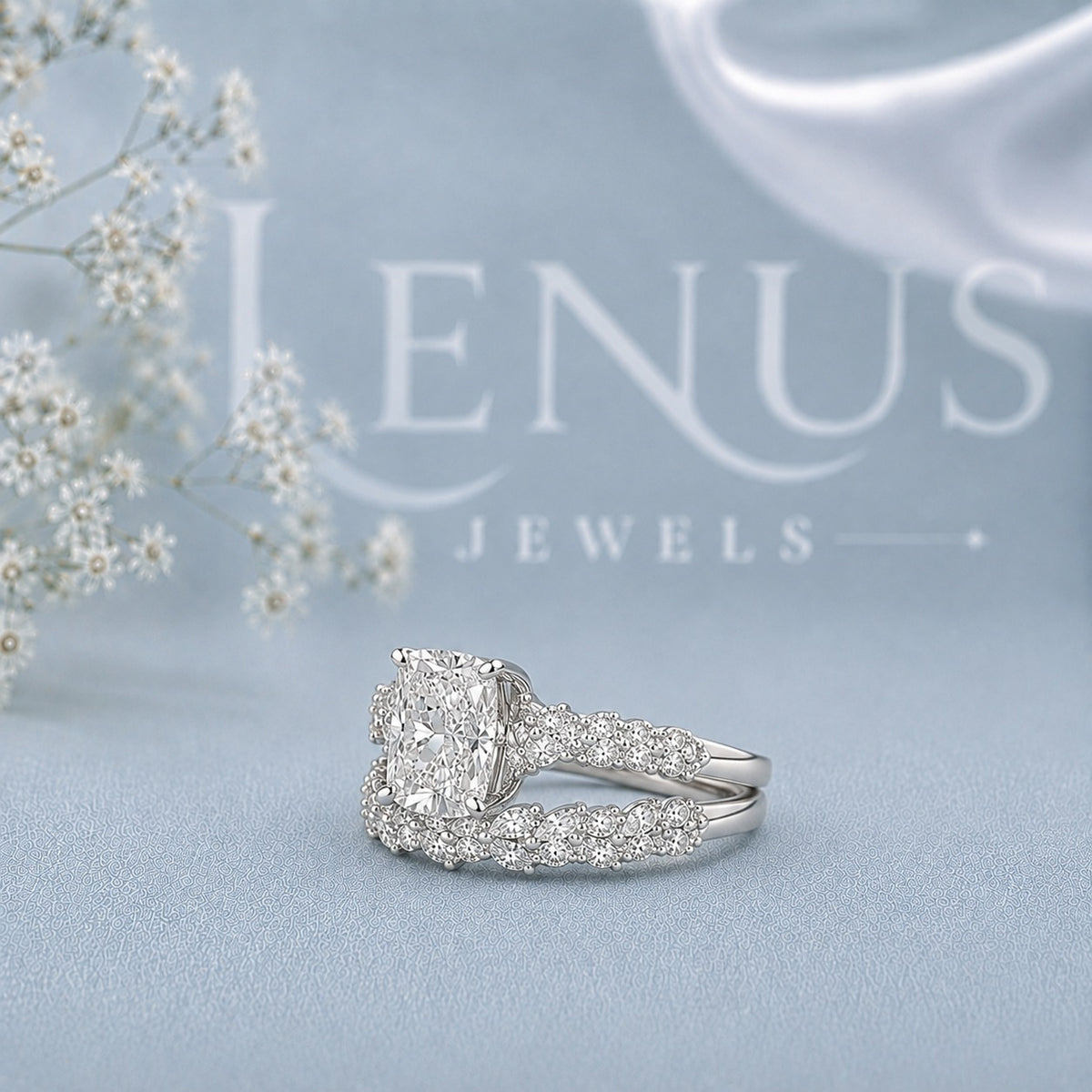 Cushion Halo Moissanite Bridal Set – Matching Pavé Wedding Band