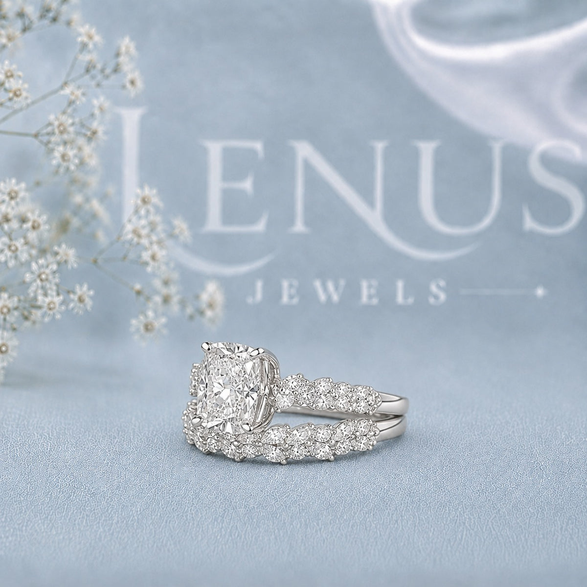 Cushion Halo Moissanite Bridal Set – Matching Pavé Wedding Band