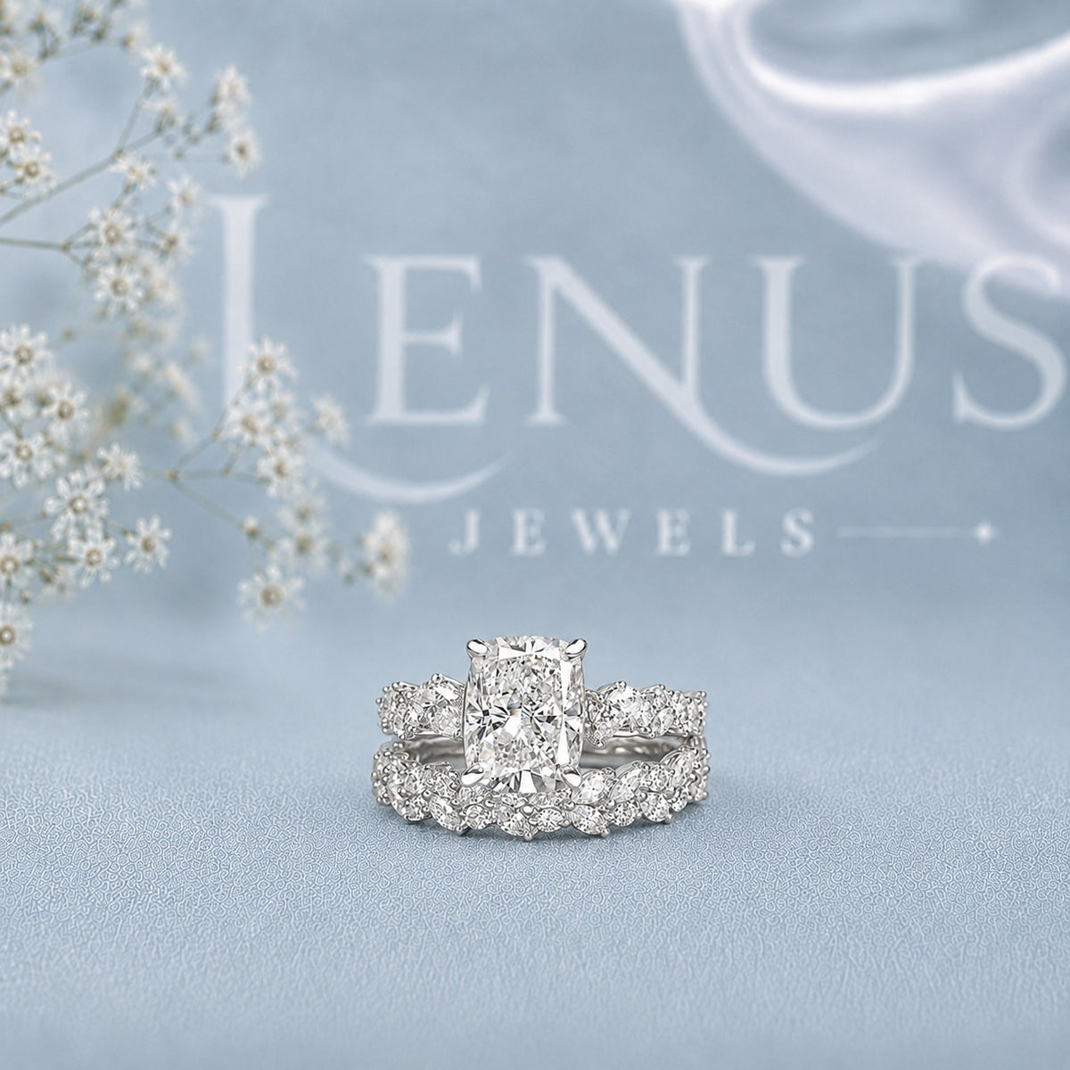 Cushion Halo Moissanite Bridal Set – Matching Pavé Wedding Band