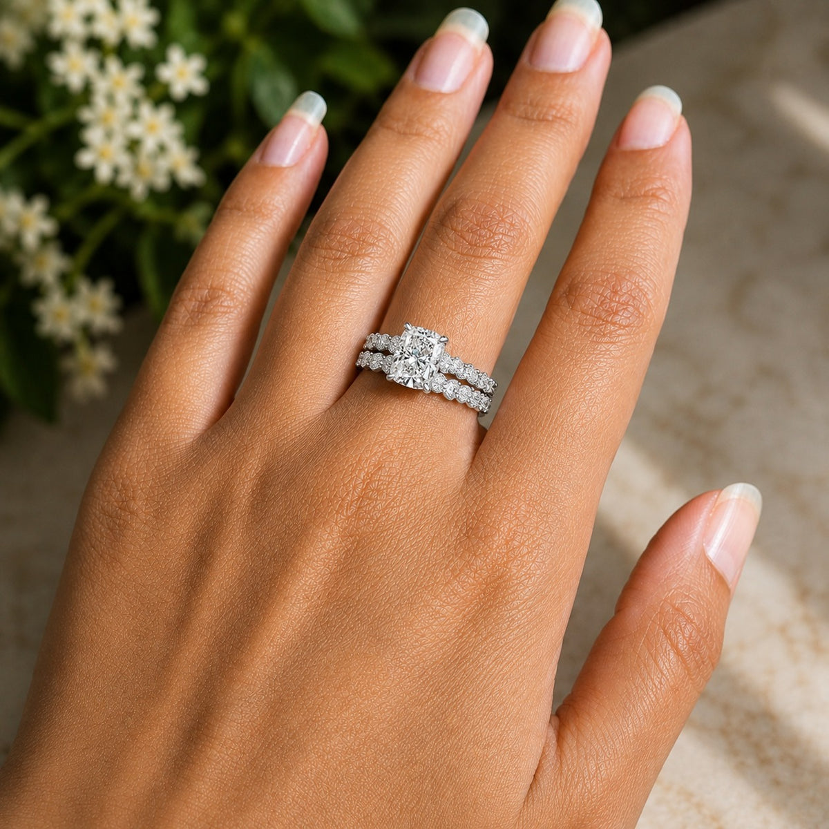 Cushion Halo Moissanite Bridal Set – Matching Pavé Wedding Band