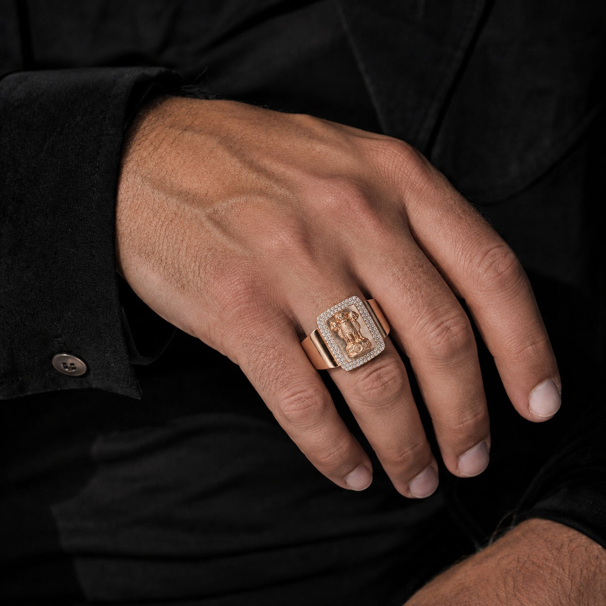 Ashoka Lion Capital Moissanite Signet Ring – Rose Gold Indian Emblem Band