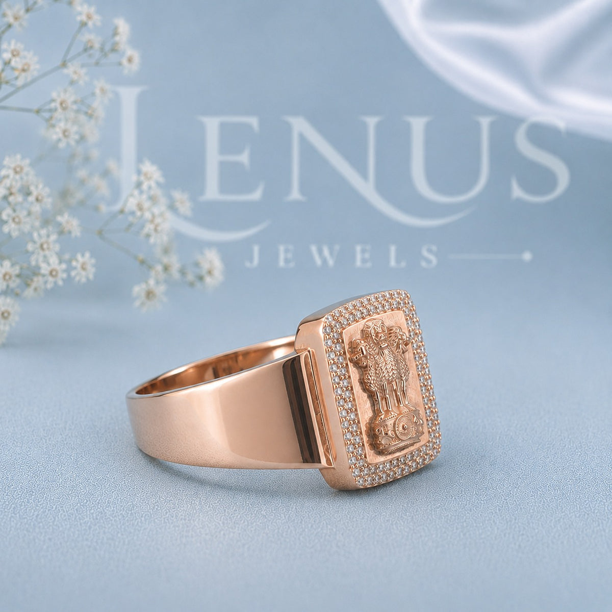 Ashoka Lion Capital Moissanite Signet Ring – Rose Gold Indian Emblem Band