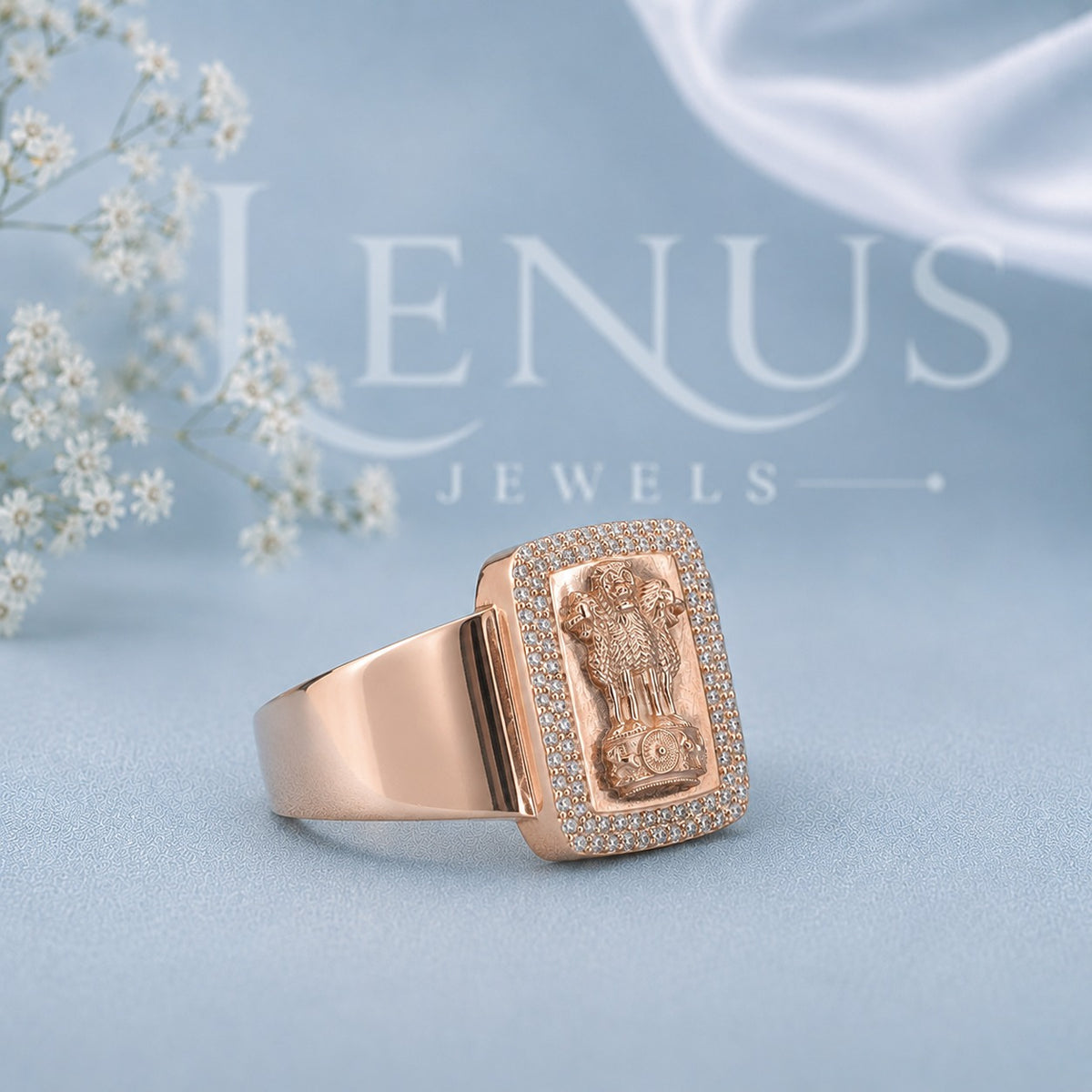 Ashoka Lion Capital Moissanite Signet Ring – Rose Gold Indian Emblem Band