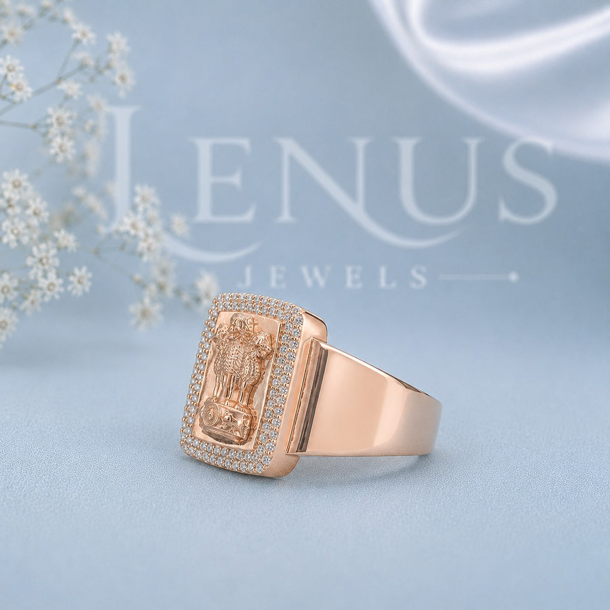 Ashoka Lion Capital Moissanite Signet Ring – Rose Gold Indian Emblem Band