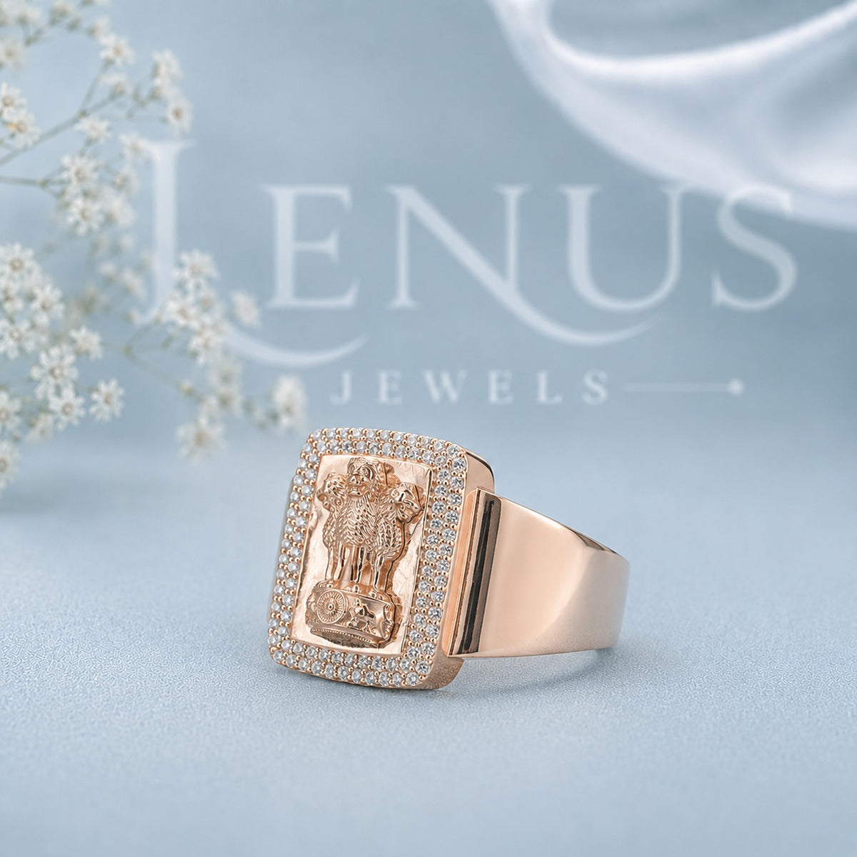 Ashoka Lion Capital Moissanite Signet Ring – Rose Gold Indian Emblem Band