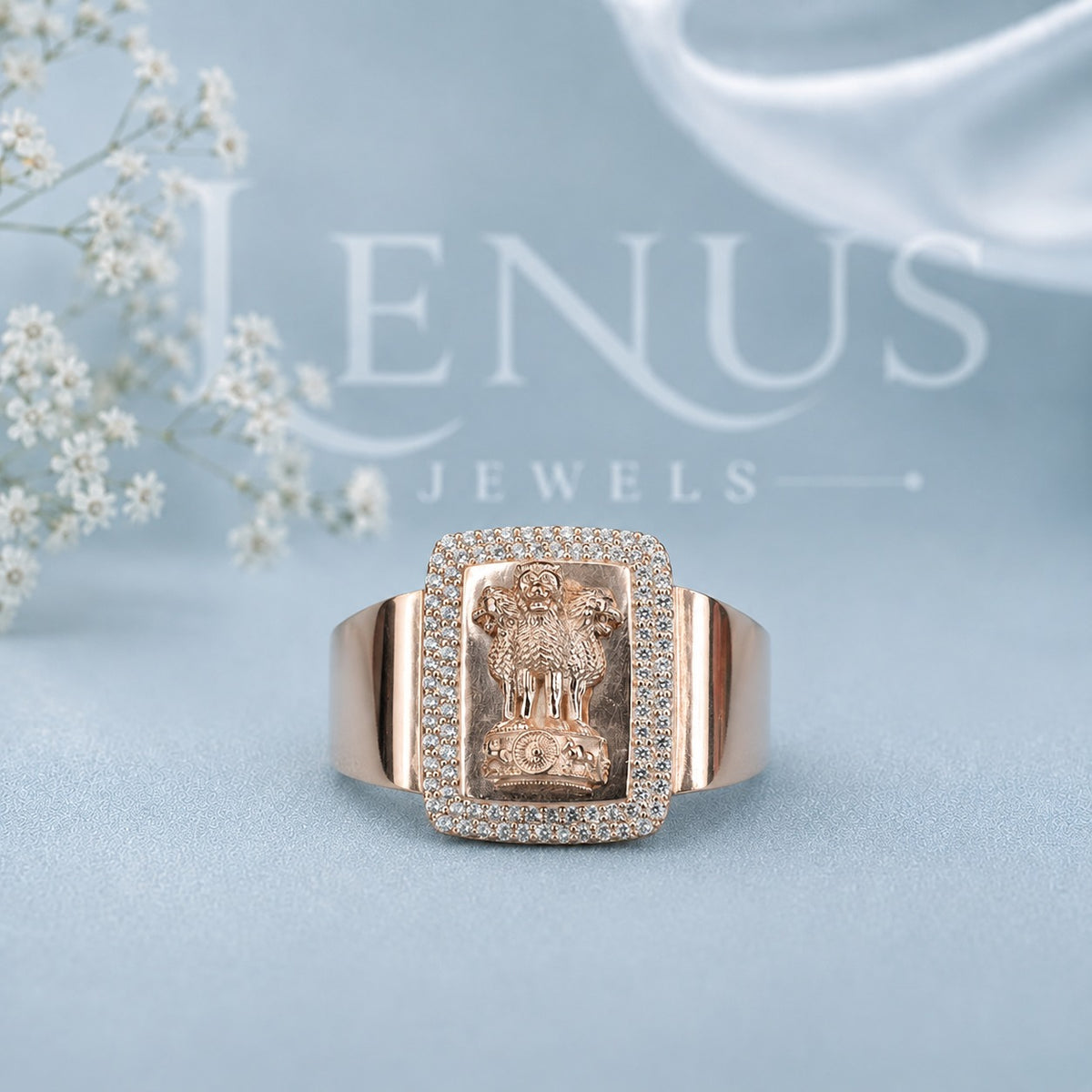 Ashoka Lion Capital Moissanite Signet Ring – Rose Gold Indian Emblem Band