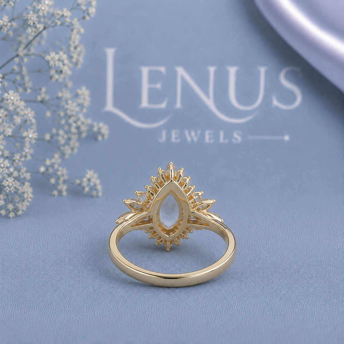 Marquise Halo Moissanite Engagement Ring – Gold Floral Sunburst Band
