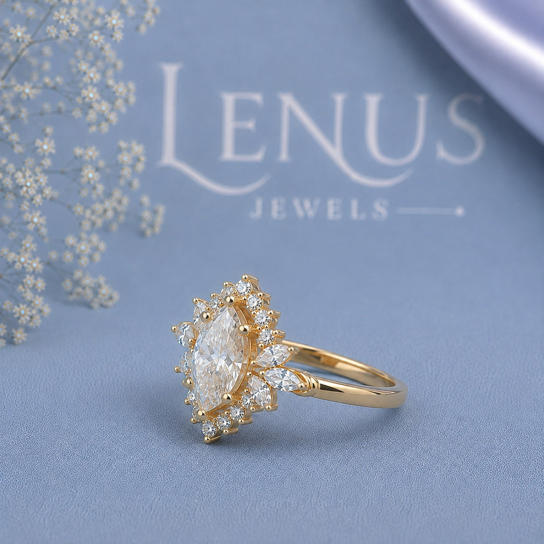 Marquise Halo Moissanite Engagement Ring – Gold Floral Sunburst Band