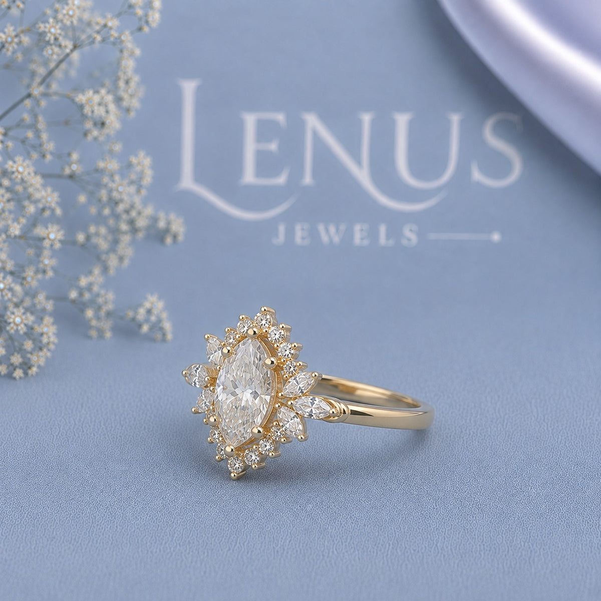 Marquise Halo Moissanite Engagement Ring – Gold Floral Sunburst Band