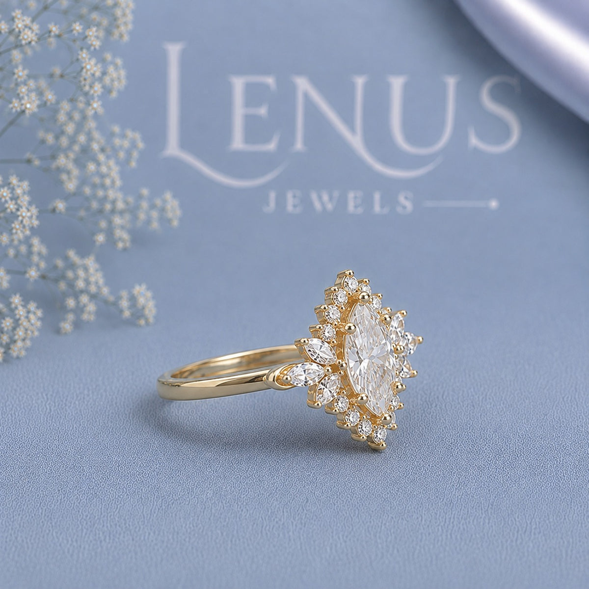 Marquise Halo Moissanite Engagement Ring – Gold Floral Sunburst Band