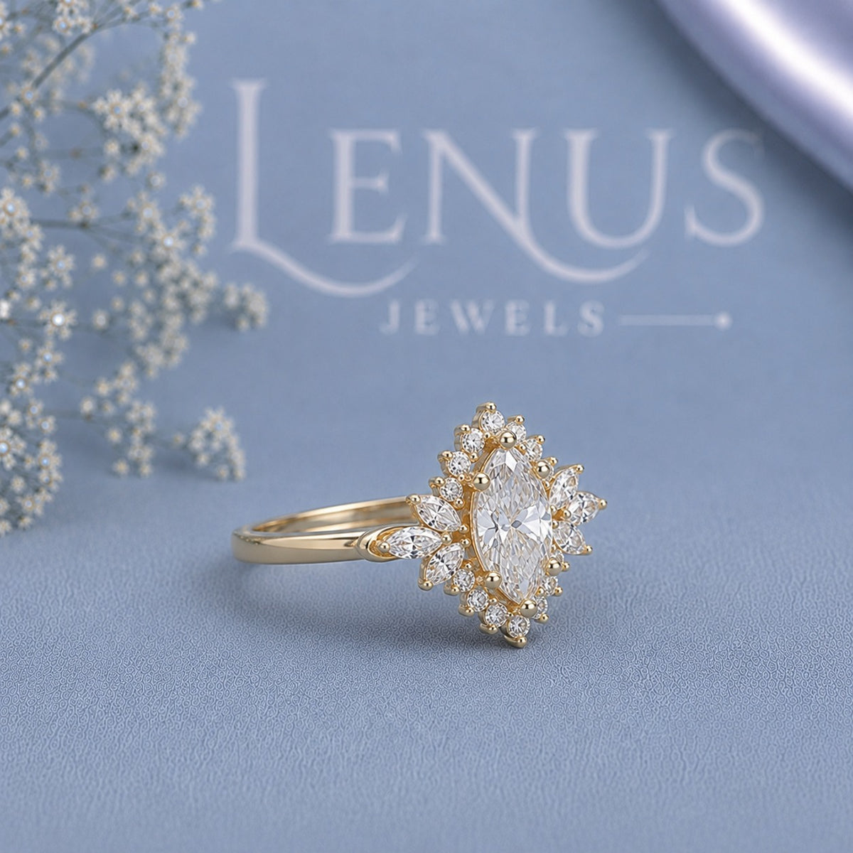Marquise Halo Moissanite Engagement Ring – Gold Floral Sunburst Band