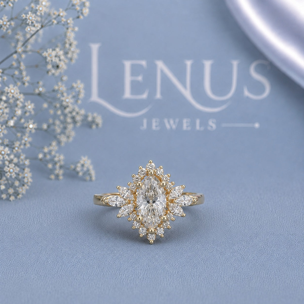 Marquise Halo Moissanite Engagement Ring – Gold Floral Sunburst Band
