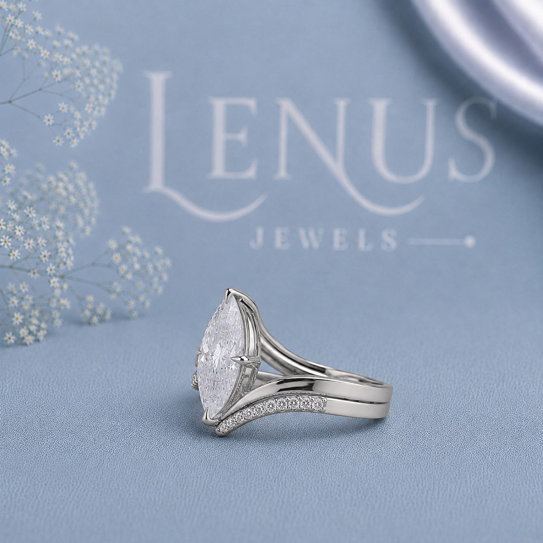 Marquise Moissanite Engagement Ring   – Pavé Bypass Split-Shank Ring in 925 Sterling Silver