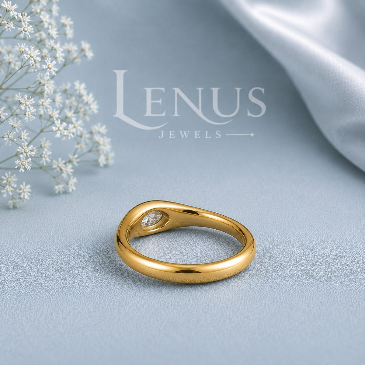 Marquise Moissanite Dome Ring – Gold Gypsy Set Flush Band