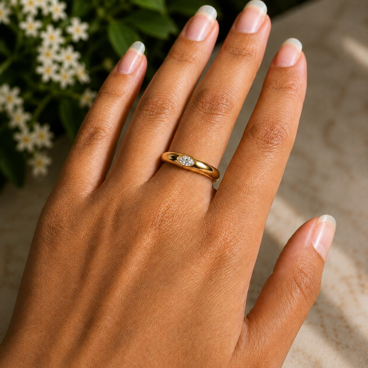 Marquise Moissanite Dome Ring – Gold Gypsy Set Flush Band