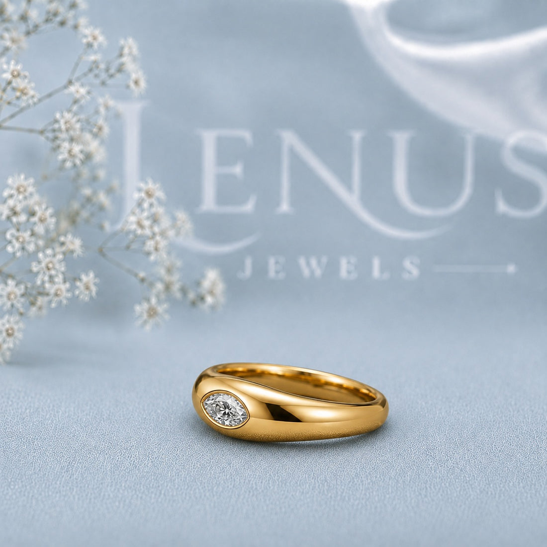 Marquise Moissanite Dome Ring – Gold Gypsy Set Flush Band