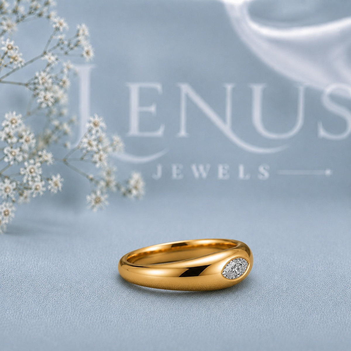 Marquise Moissanite Dome Ring – Gold Gypsy Set Flush Band